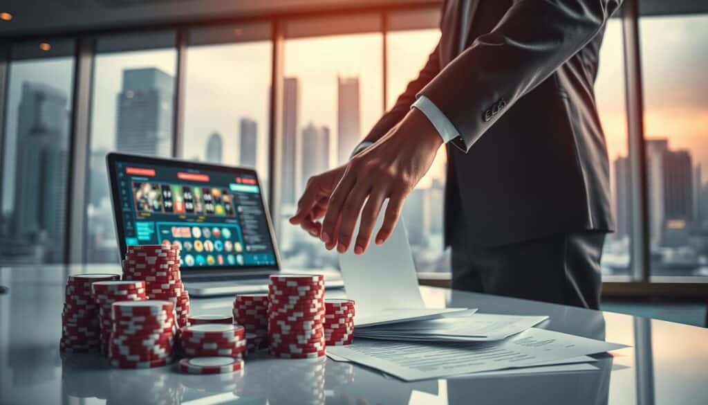A modern office interior with a minimalist design. In the foreground, a businessman's hands carefully organizing stacks of casino chips and paperwork, symbolizing the careful management of financial resources. The middle ground features a laptop displaying a casino game interface, highlighting the concept of risk management. The background showcases a large window overlooking a bustling city skyline, creating a sense of scale and the broader business context. Soft, warm lighting illuminates the scene, conveying a sense of professionalism and control. The overall composition emphasizes the importance of balancing financial resources and risk management in the pursuit of success in the casino industry.