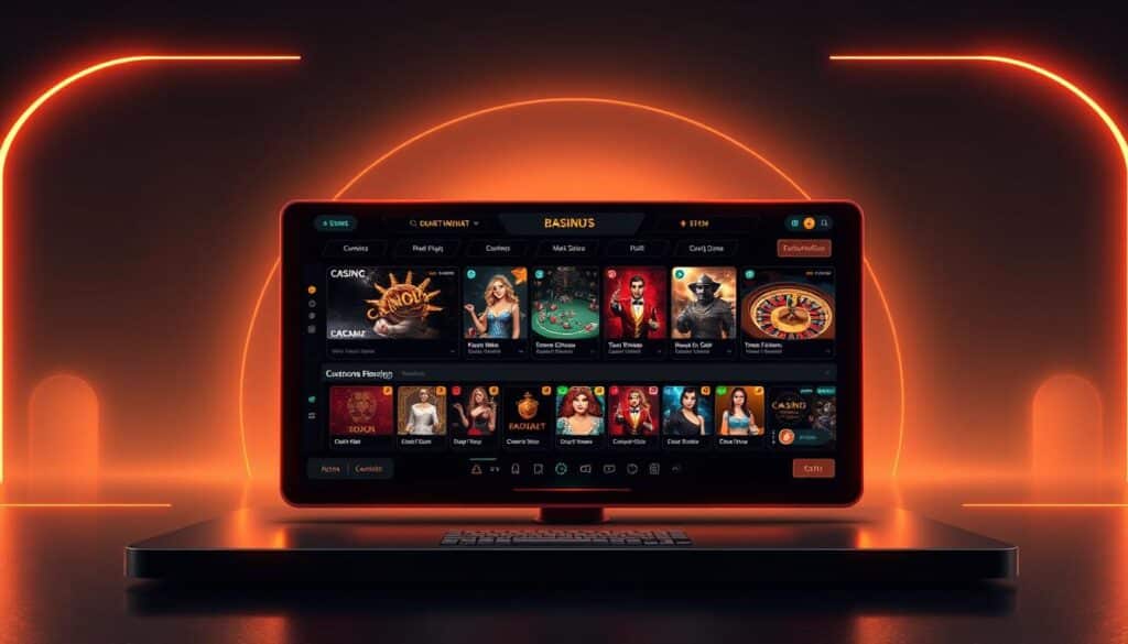 A modern, sleek online platform interface featuring a centered display showcasing various casino gaming options. The foreground showcases a selection of popular casino games like baccarat, with vivid graphics and elegant UI elements. The middle ground depicts controls and customization options for the player, allowing them to personalize their gaming experience. The background features a subtle, gradient-based design in calming, sophisticated tones that complement the overall aesthetic. Gentle lighting casts a warm, inviting glow across the scene, creating a visually striking and immersive atmosphere for the user.