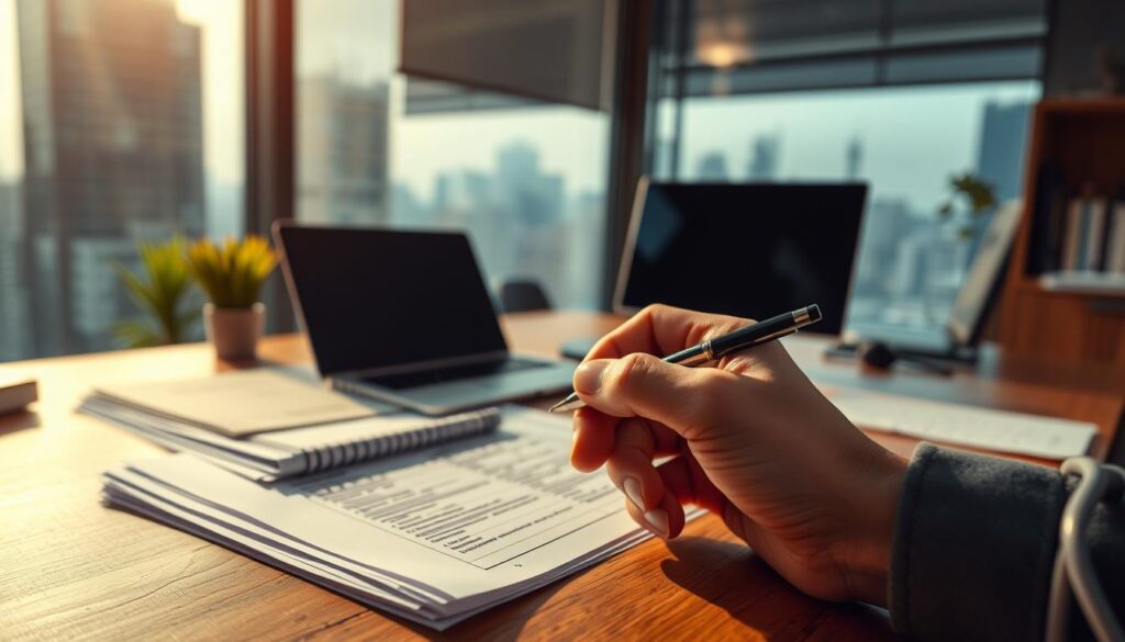 A neatly organized office setting, with a wooden desk, a laptop, and a stack of financial documents. The lighting is warm and natural, casting a soft glow on the scene. In the foreground, a hand holds a pen, poised to make notes on the documents, symbolizing the importance of careful financial management. The background features a large window, revealing a cityscape, suggesting the broader financial landscape that the subject operates within. The overall mood is one of focus, diligence, and the weight of financial responsibility.