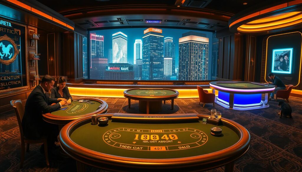 A panoramic scene of the historical evolution of baccarat, the classic casino game. In the foreground, a gilded baccarat table from the 19th century European gaming salons, with elegant aristocrats engaged in high-stakes play. The middle ground features a transitional table from the early 20th century, as baccarat spread to North America and Asia. In the background, a modern, sleek baccarat table set against a backdrop of neon-lit skyscrapers, symbolizing the game's global popularity in the digital era. Warm, soft lighting casts a nostalgic glow, while strategic camera angles highlight the game's timeless allure and visual drama. An immersive, cinematic depiction capturing the captivating history and evolution of this iconic casino pastime.