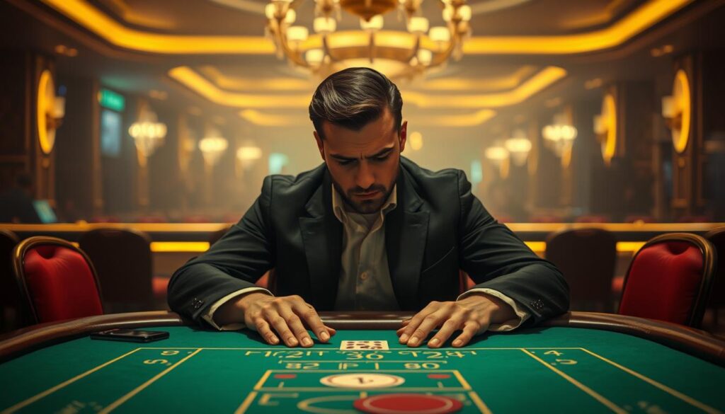 A pensive gambler sits alone at a baccarat table, expression deep in contemplation. Soft, warm lighting illuminates the table's green felt, casting a tranquil glow. The player's hands rest calmly on the table, displaying a sense of focus and control. Behind them, the casino's opulent interior fades into a hazy, dreamlike background, emphasizing the solitary nature of their introspection. The scene conveys the importance of emotional mastery in the thrilling yet precarious world of baccarat, where a player's mental state can greatly influence the outcome of the game.
