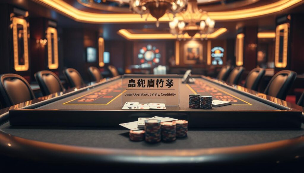 A pristine casino table with a meticulously polished surface, surrounded by the glimmering lights and elegant decor of a high-end gambling establishment. The table is adorned with the iconic symbols of baccarat - playing cards, casino chips, and a discreet, yet prominent sign highlighting the casino's commitment to "Legal Operation", "Safety", and "Credibility". The lighting is soft and warm, creating a sense of sophistication and exclusivity. The scene exudes an atmosphere of luxury, security, and trustworthiness, conveying the reliable and responsible nature of the Taiwan online baccarat gaming platform.