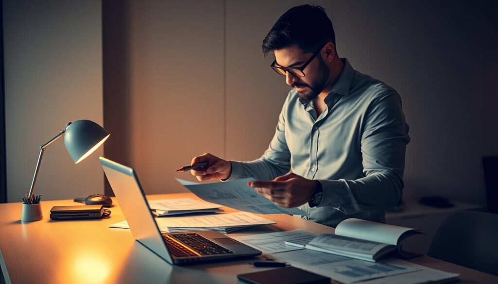 A professional financial advisor standing at a desk, carefully organizing financial documents and spreadsheets. The advisor has a focused, thoughtful expression as they review investment strategies and budgeting techniques. The desktop is neatly arranged with a laptop, calculator, and various financial tools. Warm, directional lighting casts subtle shadows, creating a sense of depth and precision. The background is a modern, minimalist office setting, with clean lines and a muted color palette that emphasizes the importance of financial management.