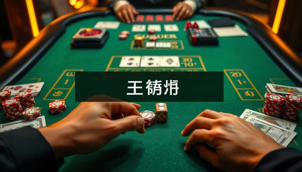 A professional, well-organized casino table with a green felt surface, neatly arranged casino chips, cards, and dice. The lighting is warm and inviting, creating a sophisticated atmosphere. In the foreground, a person's hands skillfully manipulate the chips, demonstrating the art of strategic bankroll management. The middle ground features a clear, concise title "資金管理技巧" conveying the focus on financial discipline in the game of Baccarat. The background is blurred, subtly suggesting the larger casino environment while keeping the attention on the core concepts of the prompt.