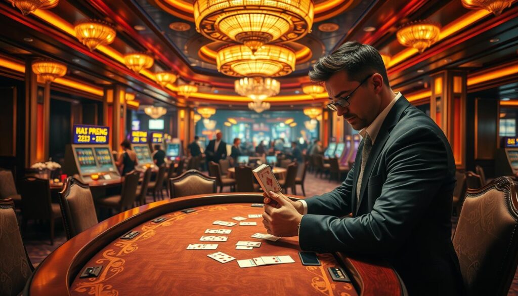 A richly detailed casino interior, illuminated by warm, amber lighting. At the center, a baccarat table with an ornate, wooden surface, surrounded by elegant chairs. In the foreground, a well-dressed player examines their cards with a thoughtful expression, deep in strategic contemplation. The table is adorned with subtle flourishes, hinting at the game's refined nature. In the background, a panoramic view of the casino floor, bustling with activity yet maintaining an air of sophisticated tranquility. The atmosphere exudes a sense of opportunity and calculated risk-taking, capturing the essence of the "百家樂贏錢秘訣" narrative.