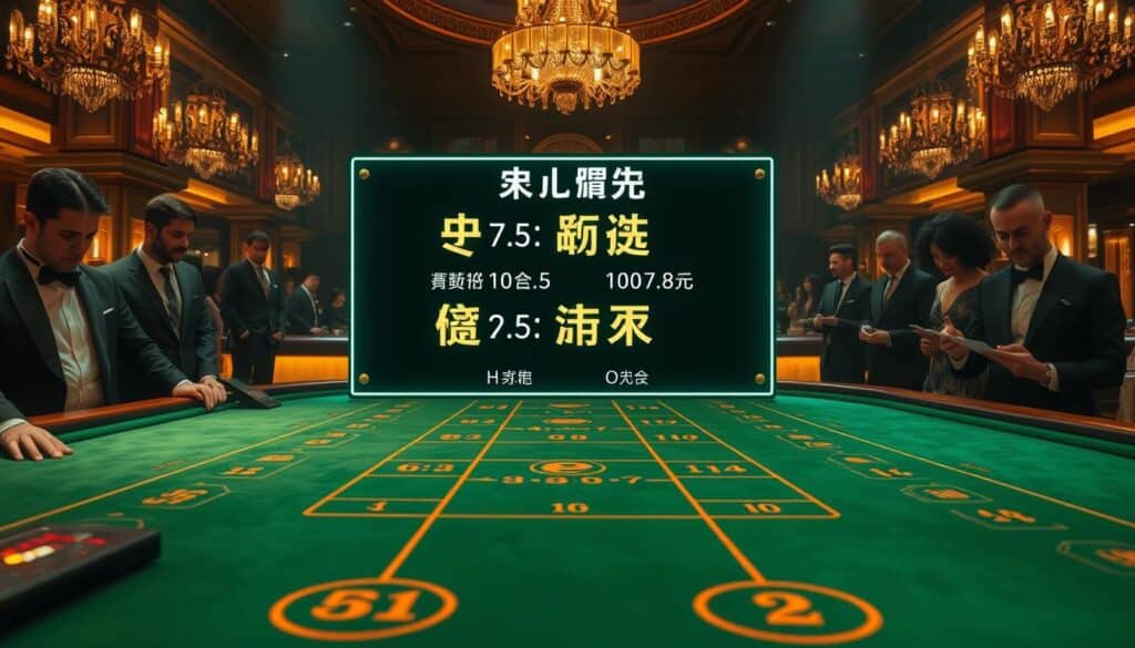 A richly detailed, high-resolution image of the rules and mechanics of the baccarat casino game. Situated in a dimly lit casino interior, the foreground features a well-worn green baize baccarat table bathed in warm, golden lighting. Elegant croupiers in tuxedos stand at the ready, surrounded by smartly dressed players intently studying the table. In the middle ground, a large illuminated display board clearly outlines the baccarat payout structure, odds, and house edge - the "百家樂獎金規則" that are the focus of the scene. The background is filled with the opulent furnishings and decor typical of a high-end casino, creating an atmosphere of exclusivity and grandeur. The overall mood is one of anticipation and focus, with the baccarat table and its rules taking center stage.