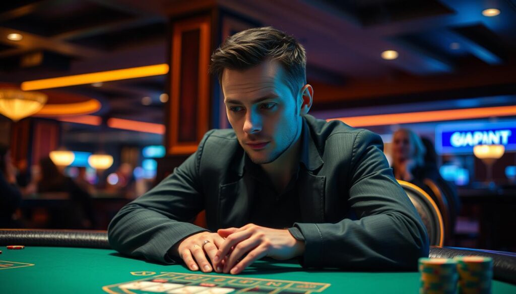 A serene and introspective casino player sits at a baccarat table, deep in thought. Soft, warm lighting bathes the scene, creating an atmosphere of contemplation and focus. The player's expression is one of calm confidence, reflecting the mindset of a seasoned gambler who has mastered the art of strategic risk-taking. The table's green felt surface and the subtle hints of luxury in the background suggest an environment conducive to disciplined, rational decision-making. This image captures the essence of a successful player's mental state - a blend of composure, intuition, and a steadfast commitment to the game's principles.