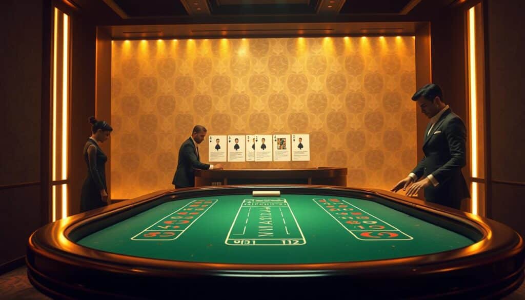A serene and inviting online casino platform set against a backdrop of soft, golden lighting. In the foreground, the iconic baccarat table is rendered in exquisite detail, its green felt surface and polished wood edges exuding an air of sophistication. Elegant croupiers stand ready, their movements graceful and precise, as players lean in, captivated by the rhythm of the game. The middle ground features a clean, minimalist user interface, seamlessly integrating various casino games and navigation options. In the background, a subtle pattern of playing card suits and symbols creates a sense of depth and visual interest, while maintaining a sleek, modern aesthetic. The overall atmosphere conveys a feeling of exclusivity, trust, and the promise of an unparalleled online gaming experience.