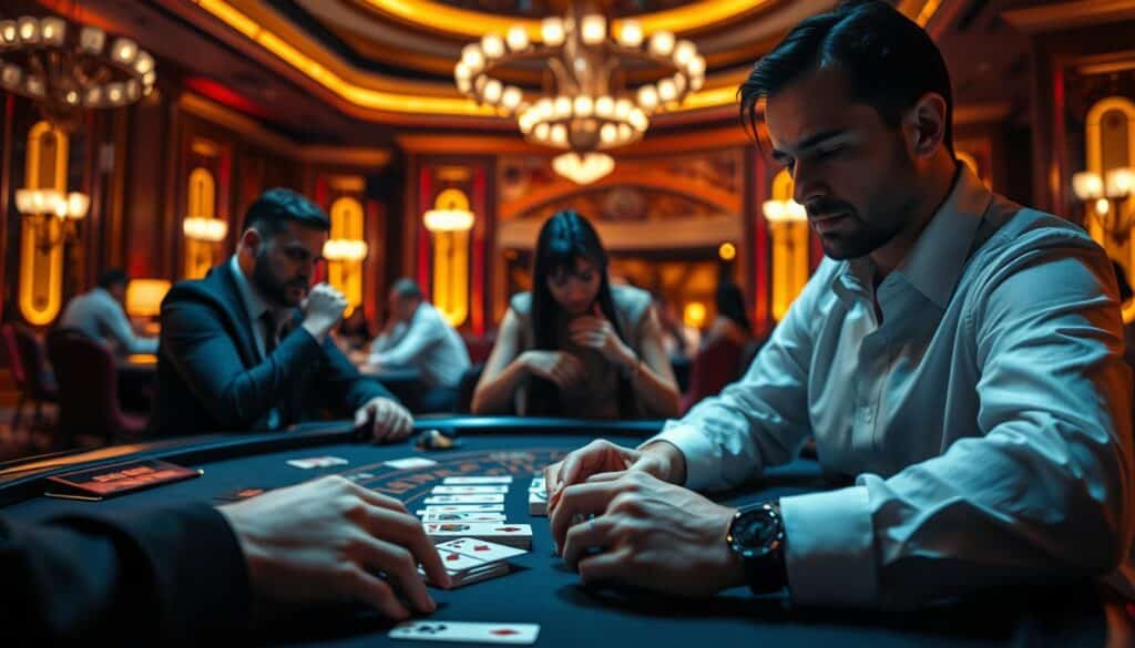 A serene baccarat gaming table set against a dimly lit casino interior. In the foreground, a player's hands gently caress the cards, their expression calm and focused. Soft lighting casts a mellow glow, creating an atmosphere of contemplation and emotional control. In the middle ground, other players engaged in the game, their faces reflecting varying degrees of intensity and composure. The background features the grandeur of the casino's architectural elements, adding a sense of refined elegance. The overall scene conveys the importance of managing one's emotions while navigating the thrills and challenges of the baccarat experience.