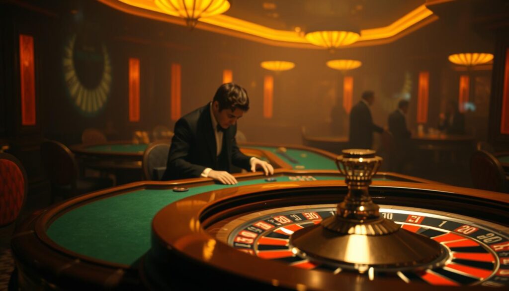 A serene casino interior, dimly lit with a warm, amber glow. In the foreground, a roulette table with its green felt surface, wooden edges, and a gleaming silver ball hovering above the spinning wheel. In the middle ground, a focused gambler, their face obscured, carefully studying the table, their body language exuding a calm, analytical demeanor. The background is hazy, with the faint silhouettes of other players and dealers, creating a sense of concentration and intensity. The lighting casts dramatic shadows, emphasizing the importance of mental discipline and emotional control in the high-stakes world of baccarat.