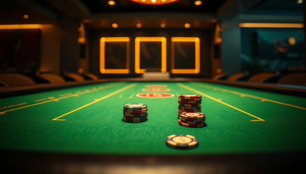A serene casino table, the green felt surface gleaming under warm, soft lighting. Elegant casino chips in a stack, their colors representing varying values, symbolize the concept of a "stable winning strategy." The table is framed by a sophisticated, minimalist interior design, with clean lines and muted tones, creating a sense of quiet confidence. The camera angle is slightly elevated, giving the viewer an almost bird's-eye perspective, allowing them to take in the entire scene and grasp the essence of the "stable winning" approach.
