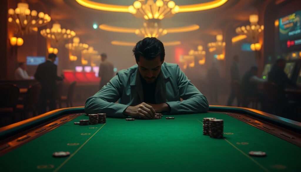 A serene casino table with a lone gambler contemplating their chips, the green felt surface reflecting the warm, muted lighting of the room. The player's face is in shadow, conveying a sense of thoughtful deliberation as they consider their next move. In the background, the hazy, atmospheric ambiance of the casino suggests a world of temptation and risk, yet the gambler's posture exudes a quiet confidence, hinting at the "wisdom of timely departure" - the ability to step away from the game at the right moment.