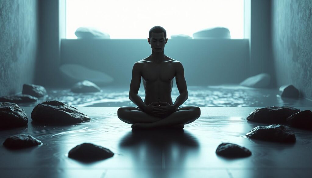 A serene, contemplative figure sitting cross-legged in a state of deep focus, surrounded by a minimalist, Zen-inspired environment. Soft, diffused lighting illuminates the scene, creating a calming, introspective atmosphere. The figure's expression conveys a sense of inner peace and emotional balance, embodying the essence of mastering the psychological aspects of the subject matter. The background features simple, organic elements like flowing water, rock formations, or a tranquil garden, further emphasizing the theme of finding equilibrium amidst life's fluctuations.
