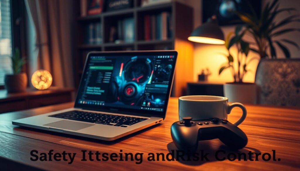 A serene gaming environment with a laptop, controller, and a cup of tea on a wooden table. Soft, warm lighting illuminates the scene, creating a cozy atmosphere. In the background, a bookshelf with gaming-related titles and a houseplant add a touch of sophistication. The overall composition emphasizes the importance of setting up a safe, comfortable, and distraction-free space for responsible gaming. The image conveys a sense of balance, control, and mindfulness, reflecting the "Safety Settings and Risk Control" section of the article.