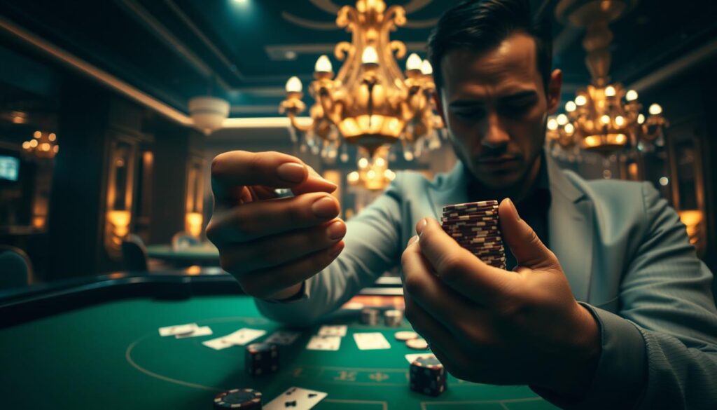 A serene, high-contrast scene depicting an effective money-making strategy. In the foreground, a skilled gambler confidently holds a stack of casino chips, their face partially obscured by shadows. The middle ground features the iconic green felt of a baccarat table, with cards and dice scattered across its surface, suggesting a recent winning hand. In the background, the dimly lit interior of an upscale casino is visible, with ornate chandeliers and gilded accents casting a warm, inviting glow. The lighting is dramatic, with sharp contrasts between light and shadow, creating a sense of tension and anticipation. The camera angle is slightly low, emphasizing the gambler's control and mastery of the situation. An air of mystery and sophistication permeates the scene, hinting at the strategic thinking required to consistently come out ahead in the high-stakes world of casino gaming.