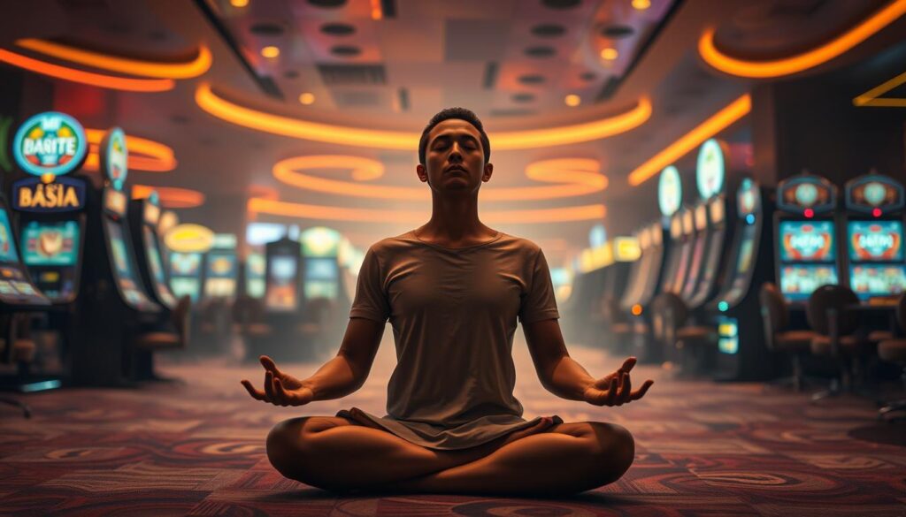 A serene, introspective scene of a person meditating amidst a casino environment. In the foreground, the figure sits cross-legged, eyes closed, hands in a mudra pose, exuding a sense of calm and focus. The middle ground features the trappings of a casino - rows of slot machines, gaming tables, and the subtle glow of neon lights. Yet, the figure appears unaffected, transcending the frenetic energy around them. The background is softly blurred, creating a sense of depth and emphasizing the central figure's detachment. Warm, diffused lighting casts a contemplative mood, as if the person has found an oasis of tranquility within the chaos of the gambling den. Overall, the image conveys the power of emotional control and mindfulness, even in the midst of temptation and high-stakes thrills.