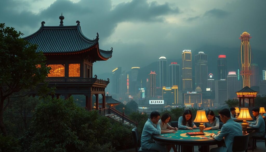 A serene landscape depicting the historical development of Baccarat gambling in Taiwan. In the foreground, a tranquil Taiwanese temple stands amidst lush greenery, symbolizing the country's rich cultural heritage. In the middle ground, a group of people engrossed in a game of Baccarat, their faces illuminated by the warm glow of table lamps. In the background, a skyline of modern high-rises and neon-lit casinos, representing the growth and integration of this iconic casino game into Taiwanese society. The scene is captured through a cinematic, wide-angle lens, creating a sense of depth and grandeur. The lighting is soft and diffused, evoking a contemplative and nostalgic atmosphere, inviting the viewer to reflect on the evolution of Baccarat in Taiwan.
