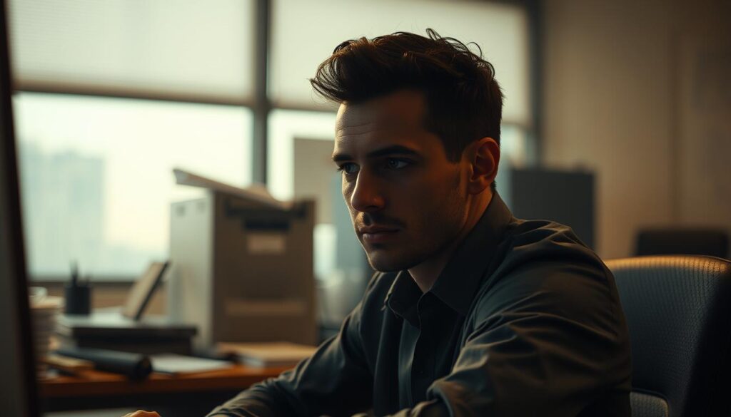 A serene office environment, with a pensive individual sitting at a desk, deep in contemplation. The lighting is soft and warm, casting gentle shadows across the face, conveying a sense of introspection. The background is slightly blurred, placing the focus on the person's expression, which hints at the emotional and psychological impact of the situation at hand. The composition is balanced, with the subject positioned off-center, creating a sense of tension and unease. The palette is muted, with earthy tones and natural hues, further emphasizing the contemplative mood. The overall atmosphere is one of quiet reflection, inviting the viewer to engage with the subject's inner thoughts and the psychological implications of the situation.