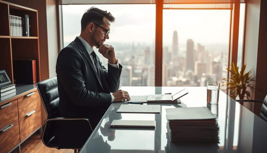 A serene office setting with a businessman in a suit sitting at a sleek desk, deep in thought. The desk is arranged with stacks of financial documents, a tablet, and a glass of water, conveying a sense of diligent money management. The lighting is warm and natural, creating an atmosphere of focus and concentration. In the background, a window overlooks a bustling city skyline, symbolizing the importance of financial prudence in the larger context of business and life. The overall scene suggests the gravity and significance of effective financial stewardship.