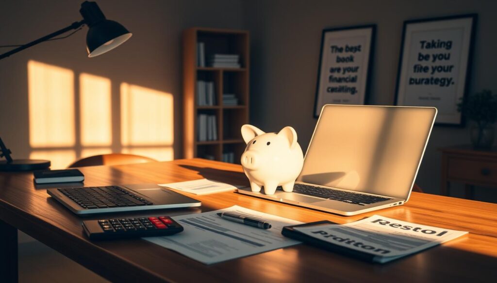 A serene office setting with a wooden desk, sleek laptop, and a strategically placed piggy bank. Warm, natural lighting casts a soft glow, creating an atmosphere of thoughtful financial planning. On the desk, neatly arranged financial documents, a calculator, and a pen convey a sense of organized money management. In the background, a minimalist bookshelf and a framed motivational quote emphasize the importance of disciplined financial strategies. The overall composition evokes a sense of control, focus, and a well-structured approach to personal or business resource allocation.