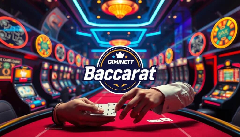 A sleek and modern online gambling platform set against a backdrop of vibrant neon lights. In the foreground, a croupier expertly shuffles a deck of cards, their hands moving with precision. The middle ground features the stylized logo of the top-rated Baccarat gaming site, its bold typography and color scheme instantly recognizable. In the background, an array of electronic gaming tables and slot machines create an immersive, high-energy atmosphere. The lighting is warm and inviting, with strategic highlights and shadows adding depth and drama to the scene. The overall composition conveys a sense of sophistication, excitement, and the thrill of the ultimate online Baccarat gaming experience.