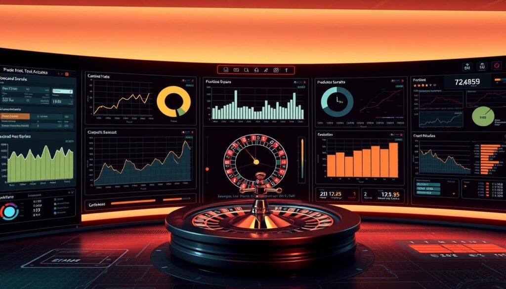 A sleek, modern dashboard displaying various predictive tools for analyzing baccarat game outcomes. The foreground features an array of interactive graphs, charts, and statistical visualizations, allowing users to easily track and forecast win rates, streaks, and other key performance indicators. The middle ground showcases a 3D model of a roulette wheel, its spinning motion subtly hinting at the dynamic nature of the game. The background maintains a minimalist, high-tech aesthetic with clean lines, neutral tones, and a subtle grid pattern, creating a sense of order and precision. Soft, directional lighting casts a warm, authoritative glow over the scene, underscoring the analytical, data-driven approach to understanding the complexities of baccarat.