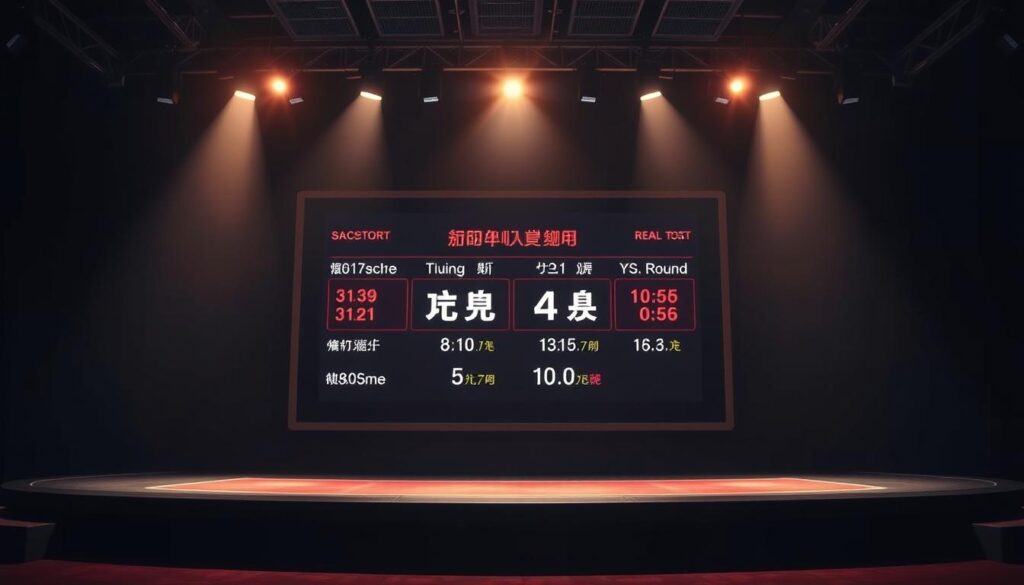 A sleek, modern sports scoreboard centered on a dimly lit stage, showcasing the real-time scores and statistics of a lively baccarat game. The scoreboard's digital display is crisp and vibrant, providing a clear, unobstructed view of the current round's results. Strategically placed spotlights cast a warm, dramatic glow, highlighting the importance and excitement of the moment. The background is a shadowy, minimalist setting, keeping the focus squarely on the scoreboard and the game's crucial data. The overall atmosphere conveys the thrill and anticipation of the baccarat experience, making it an essential tool for Taiwanese players to stay informed and empowered.