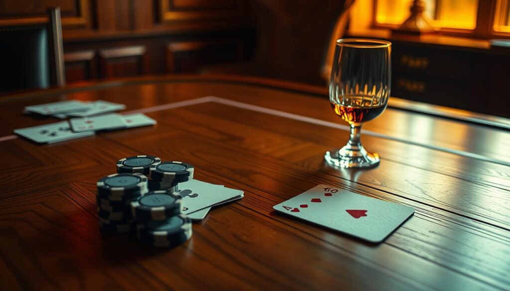 A sophisticated analysis of a baccarat gameplay trend, rendered with meticulous attention to detail. An elegant wood table surface reflects the careful placement of playing cards, chips, and a single crystal glass of brandy. Warm lighting casts a golden glow, creating an atmosphere of thoughtful contemplation. The composition emphasizes the strategic elements of the game, inviting the viewer to ponder the nuances of probability and probability-based decision making. Minimalist yet evocative, this image aims to capture the essence of a baccarat trend analysis in a visually captivating manner.