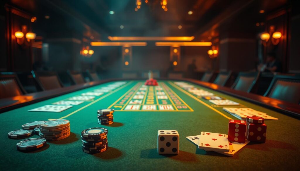 A sophisticated baccarat table set against a dimly lit casino interior. In the foreground, elegant casino chips, cards, and dice are arranged meticulously. The middle ground features a polished wooden table with a green felt surface, inviting players to strategize their next moves. In the background, a hazy ambiance created by subtle lighting, creating an air of mystery and anticipation. The scene exudes a sense of refined luxury and high-stakes excitement, capturing the essence of the baccarat gaming experience.