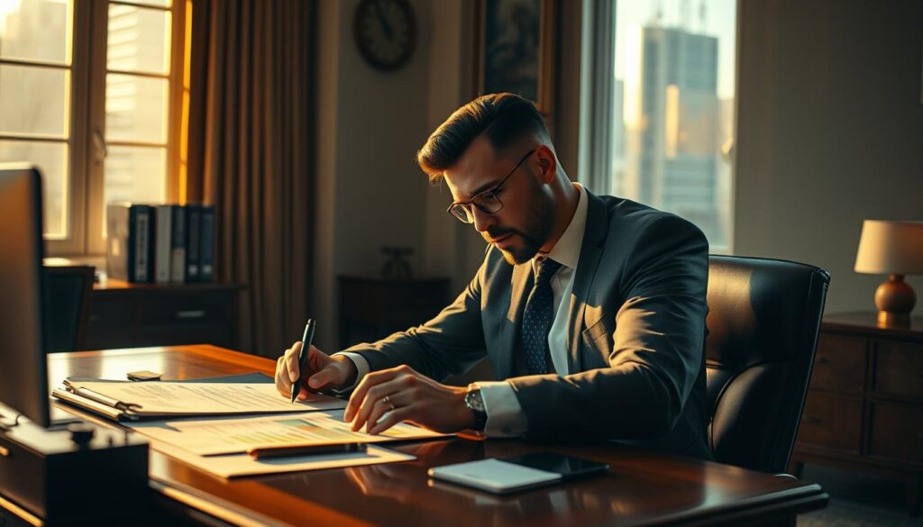 A sophisticated businessman sitting at a mahogany desk, deep in thought as he meticulously reviews financial documents and spreadsheets. The office is bathed in warm, golden light filtering through large windows, conveying a sense of focus and control. Elegant, minimalist decor in muted tones creates a calm, professional atmosphere. The man's expression is one of determined poise, reflecting his mastery of financial strategy and resource allocation. The scene suggests a disciplined approach to managing resources, with attention to detail and a keen eye for optimization.