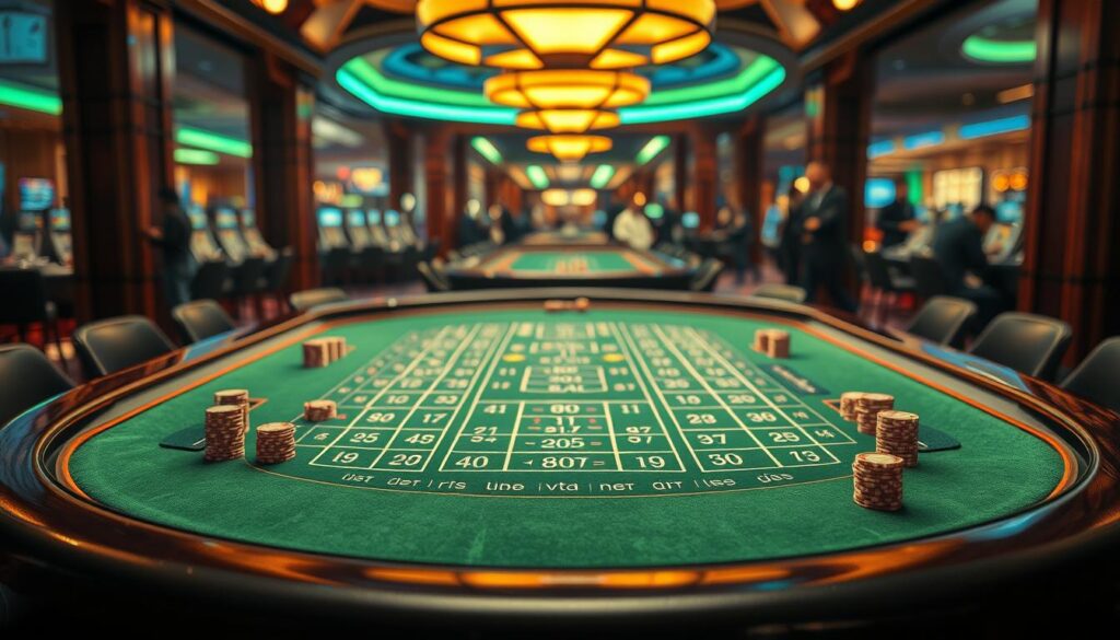 A sophisticated casino table with a green felt surface, surrounded by a polished mahogany frame. In the center, a series of intricate betting grids and chip stacks, arranged in a precise, organized manner. Overhead, a warm, ambient light casts a subtle glow, creating a sense of focus and strategic contemplation. In the background, a blurred view of the bustling casino floor, hinting at the high-stakes excitement of the game. The overall scene conveys a feeling of calculated precision, with every element carefully considered to maximize the player's chances of success in this thrilling game of Baccarat.