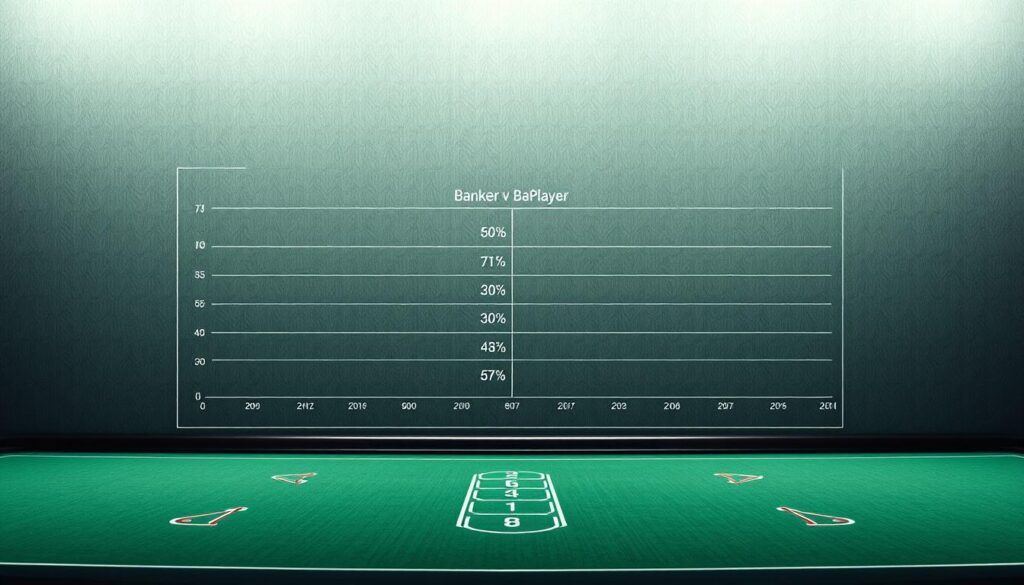 A sophisticated data visualization depicting the comparative win rates of the banker and player hands in the game of baccarat. The central chart shows a detailed breakdown of the win percentages, presented in a clean, minimalist style with a neutral color palette. The background features a subtle, textured pattern suggesting the green felt of a baccarat table, while the overall composition conveys an atmosphere of analytical precision and strategic insight. Captured with a wide-angle lens to provide ample negative space, the image is lit by soft, diffused lighting that enhances the clarity and legibility of the data.