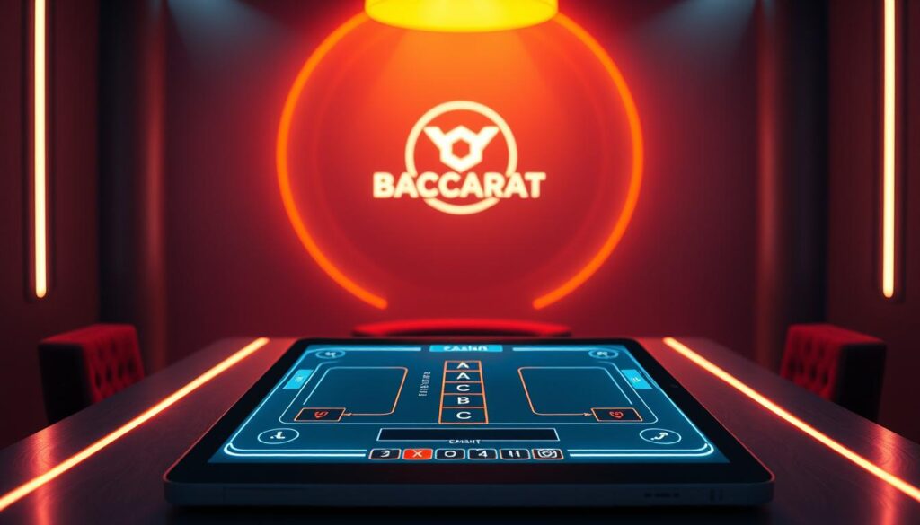 A sophisticated online casino platform featuring a high-efficiency baccarat gaming experience. The platform is depicted in a clean, minimalist style with a sleek, futuristic interface. Warm lighting illuminates the scene, creating a cozy and inviting atmosphere. In the foreground, a laptop or tablet displays the baccarat table, with interactive buttons and controls for seamless gameplay. The middle ground showcases the platform's logo and branding, conveying a sense of professionalism and reliability. The background features a subtle gradient or pattern, adding depth and a visually appealing aesthetic. The overall composition suggests a user-friendly, technologically advanced, and trustworthy online baccarat platform.