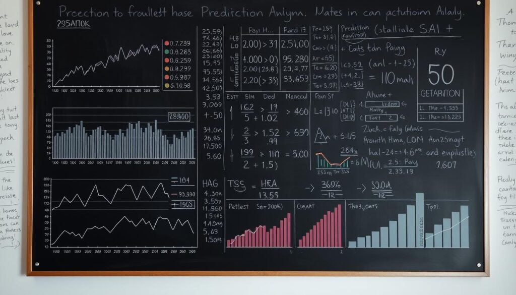A sophisticated statistical data visualization against a backdrop of a chalkboard or blackboard. In the foreground, a series of line graphs, bar charts, and scatter plots depicting various financial metrics and performance indicators. The middle ground showcases a matrix of numbers, formulas, and calculations, conveying the analytical rigor and precision required to enhance prediction accuracy. The background features a subtle texture of handwritten notes, underscored by the sense of a methodical, academic approach to problem-solving. Soft lighting casts an air of thoughtfulness and contemplation, while a muted color palette reinforces the serious, technical nature of the subject matter.