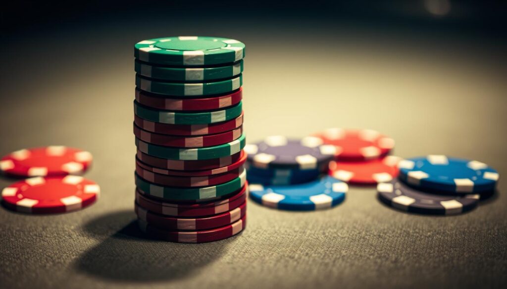 A stack of casino chips in various denominations, including green, red, and blue chips, arranged on a smooth, felt-covered table. The chips are lit from above, casting subtle shadows and highlights that accentuate their curved surfaces and the reflective nature of the materials. The background is blurred, creating a sense of depth and focus on the chips. The image conveys a sense of luxury, strategy, and the thrill of the game of Baccarat, all without any distracting text or overlays.