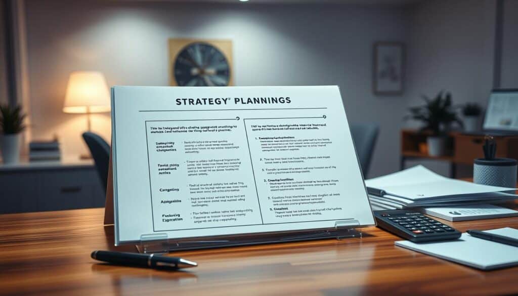 A strategy planning guide displayed on a wooden desk, illuminated by soft, indirect lighting. In the foreground, a clear diagram outlines the key steps and considerations for effective strategic planning. In the middle ground, various stationery items such as a pen, calculator, and notes create an atmosphere of focused work. The background features a minimalist, elegant office environment with clean lines and muted colors, conveying a sense of professionalism and attention to detail. The overall scene exudes a calm, contemplative mood, inviting the viewer to engage in the process of strategic planning.