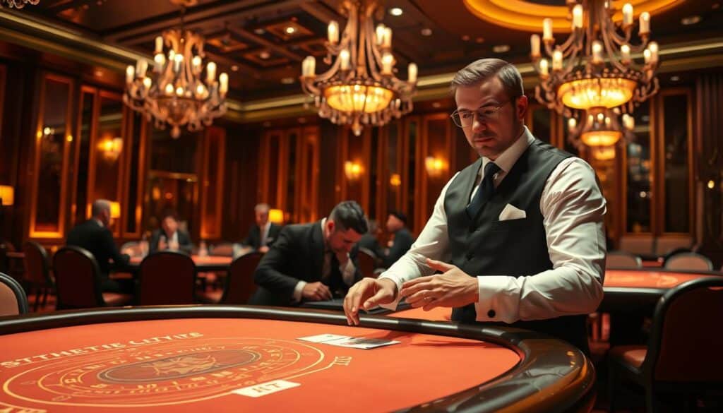 A stylish casino interior, dimly lit with warm amber tones. In the foreground, a confident, well-dressed dealer stands behind a gleaming baccarat table, hands poised to deal the cards. The middle ground features players intently focused on the game, leaning in with anticipation. In the background, luxurious chandeliers cast a soft glow, hinting at the high-stakes, exclusive atmosphere. The scene conveys the strategic advantage and allure of the house edge, the dealer's expertise, and the thrill of the game that draws in sophisticated players.