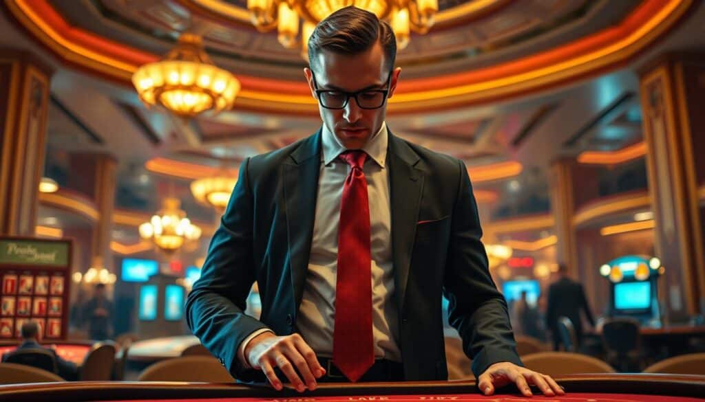 A successful gambler standing tall, dressed in a sharp suit and tie, exuding confidence and poise. Surrounded by the elegant ambiance of a high-end casino, the gambler's gaze is fixed intently on the baccarat table, calculating each move with laser-like focus. The lighting casts a warm, inviting glow, creating a sense of drama and intensity. In the background, the casino's opulent decor and bustling activity provide a dynamic contrast, highlighting the gambler's composure and mastery of the game. The composition emphasizes the gambler's commanding presence, conveying a narrative of skill, strategy, and the thrill of the high-stakes world of baccarat.