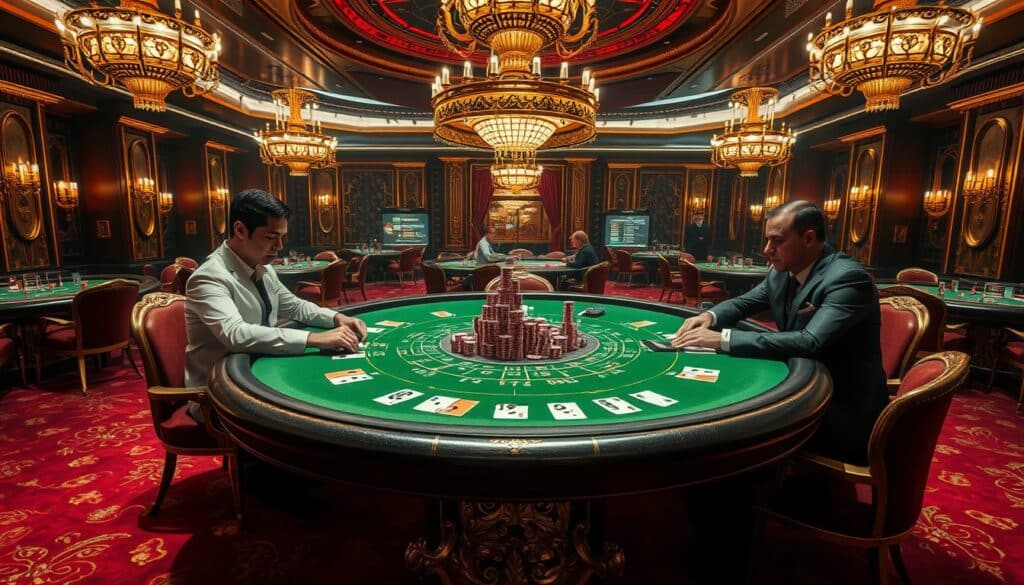 A sumptuous casino interior, with gleaming golden chandeliers and plush burgundy carpets. At the center, an ornate baccarat table, its green felt a canvas for the high-stakes dance between the Banker and the Player. On one side, the Banker, exuding confidence and control, their stacks of chips a testament to their strategic mastery. Opposite, the Player, eyes narrowed in concentration, weighing each decision with the weight of experience. The lighting casts dramatic shadows, heightening the tension as the cards are dealt, the outcome uncertain. The scene captures the essence of the baccarat battleground, where the Banker and Player engage in a timeless struggle for supremacy, their relative fortunes writ large in the ebb and flow of the game.