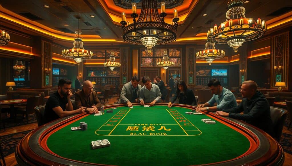 A tranquil casino lobby with warm, ambient lighting and a sense of anticipation. In the center, a grand baccarat table with a green felt surface and elegant wood trim. Behind it, a backdrop of ornate chandeliers and plush leather seating areas. Players gather around the table, expressions focused, as they place their bets. The table is adorned with playing cards, casino chips, and a subtle display of the game's name "百家樂" in gold lettering. The overall atmosphere conveys an air of sophistication and the thrill of a high-stakes casino experience.