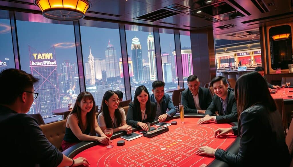 A vibrant Taiwanese online casino, set against a backdrop of neon-lit skyscrapers and bustling city streets. In the foreground, a group of enthusiastic gamblers gathered around a lively baccarat table, their faces illuminated by the warm glow of table lights. The middle ground features a sleek, modern casino interior with plush leather chairs, gleaming glass fixtures, and a stylish bar serving up cocktails. In the background, the nighttime skyline of Taipei is visible through large panoramic windows, the city's iconic landmarks and towering buildings creating a dazzling visual spectacle. The overall mood is one of energy, excitement, and the thrill of the gaming experience, reflecting the rapid growth and popularity of online gambling in Taiwan.
