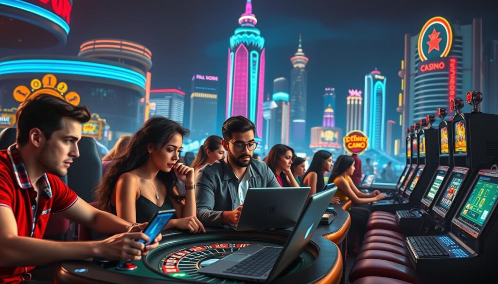 A vibrant and dynamic scene depicting the gaming preferences of players. In the foreground, a group of gamers are immersed in various casino-themed games, such as baccarat, roulette, and slot machines, each with a distinct expression of excitement, concentration, and anticipation. The middle ground showcases a diverse array of gaming platforms, from sleek laptops and tablets to retro-style consoles, reflecting the versatility of modern gaming experiences. In the background, a stylized cityscape with neon-lit skyscrapers and bustling nightlife sets the tone for the thriving casino and gaming culture. Lighting is a mix of warm, welcoming tones and cool, digital hues, creating a visually captivating and immersive atmosphere that captures the allure of the gaming world.