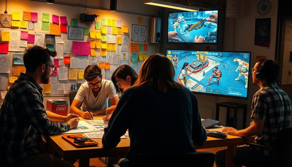 A vibrant and dynamic scene depicting the process of game design. In the foreground, a team of passionate designers huddled around a table, sketching intricate game mechanics and character concepts. The middle ground showcases a wall of colorful sticky notes, visual aids, and whiteboards, capturing the creative energy of the brainstorming session. In the background, a large screen displays a work-in-progress game prototype, its visuals and animations captivating the designers' attention. The lighting is warm and inviting, casting a soft glow on the collaborative workspace, symbolizing the importance of creative design in the gaming industry.