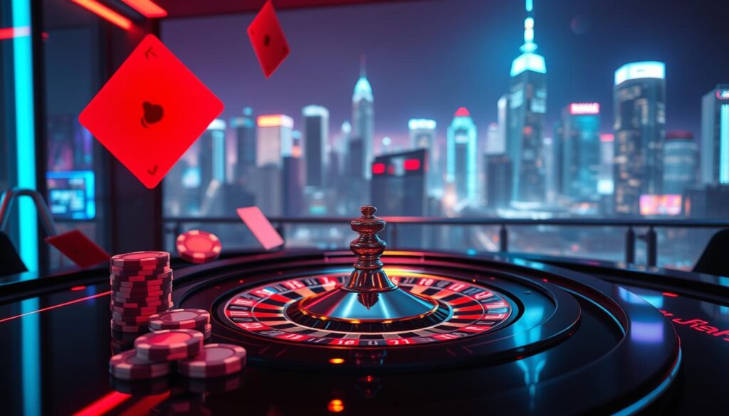 A vibrant digital casino table set against a sleek, modern backdrop. In the foreground, neon-lit playing cards and casino chips float weightlessly, casting a warm glow over the scene. The middle ground features a glossy, high-definition view of a live roulette wheel in motion, its spinning action captured in a freeze-frame moment. In the background, a futuristic city skyline glimmers with towering skyscrapers and holographic displays, suggesting the rise of online gaming and the digital transformation of traditional gambling. The overall atmosphere evokes a sense of excitement, innovation, and the fusion of classic casino elements with cutting-edge technology.