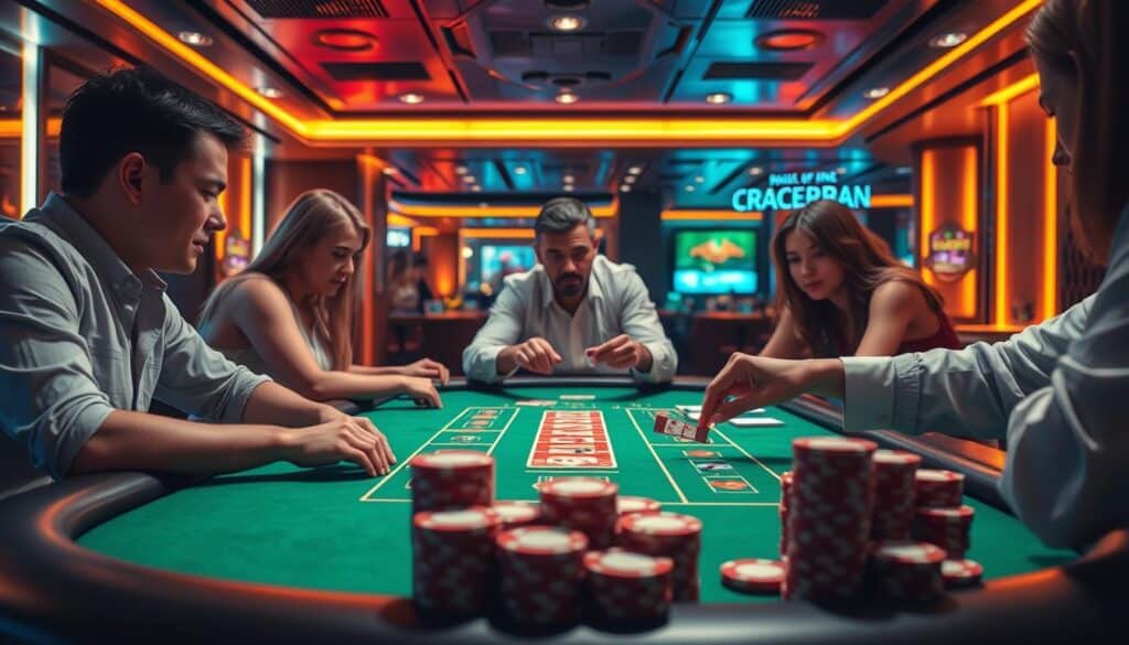 A vibrant online baccarat game scene, set against the backdrop of a sleek, modern casino interior. The table is illuminated by warm, ambient lighting, casting a inviting glow over the green felt surface. Players lean in with anticipation, their faces alight with the thrill of the game. The dealer's hands deftly shuffle and deal the cards, their movements precise and practiced. In the foreground, the player's chips are stacked high, reflecting the growing excitement. The overall atmosphere is one of sophisticated entertainment, capturing the allure of this classic casino game in the digital age.