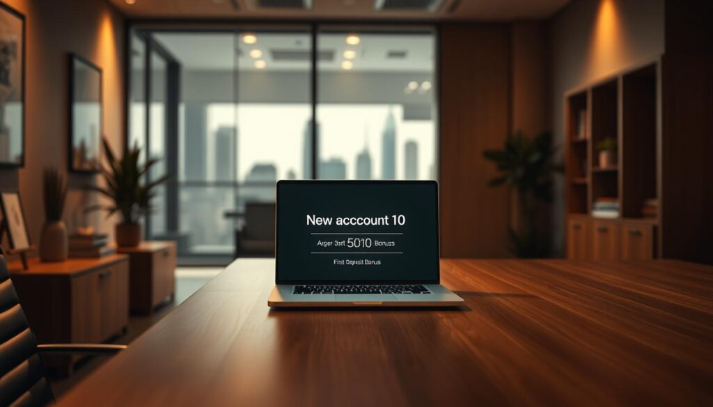 A warm and inviting financial office interior, with a sleek wooden desk and modern minimalist decor. On the desk, a laptop displays an offer for a "New Account Bonus" and "First Deposit Bonus", with elegant typography and a clean, professional design. Soft, directional lighting illuminates the space, creating a sense of warmth and trustworthiness. The background features a blurred cityscape, hinting at the financial opportunities available to the user. The overall atmosphere conveys a sense of security, prosperity, and the potential for rewarding financial gains.