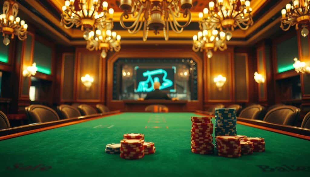 A warmly-lit, wide-angle shot of a casino gaming table, the green felt surface inviting the viewer to join in the thrilling game of baccarat. Ornate chandeliers cast a soft glow, while the table's curved edges and elegant wooden trim lend an air of sophistication. Stacks of casino chips in various denominations are arranged neatly, hinting at the strategies and calculations required to master this classic game of chance. The background is slightly blurred, drawing the eye to the table and the decisions that will determine the outcome. The overall atmosphere evokes the intellectual challenge and excitement of exploring the theoretical foundations of baccarat gameplay.