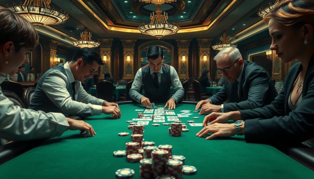 A well-lit baccarat gaming table set against a backdrop of ornate casino interiors. In the foreground, a dealer in a crisp, tailored uniform deals cards with precision, while players lean in with focused expressions, their hands poised to place bets. Meticulously rendered casino chips in a variety of colors are scattered across the table's green felt surface. The overall mood is one of strategic tension and anticipation, with subtle hints of luxury and exclusivity conveyed through the high-end furnishings and fixtures surrounding the scene.