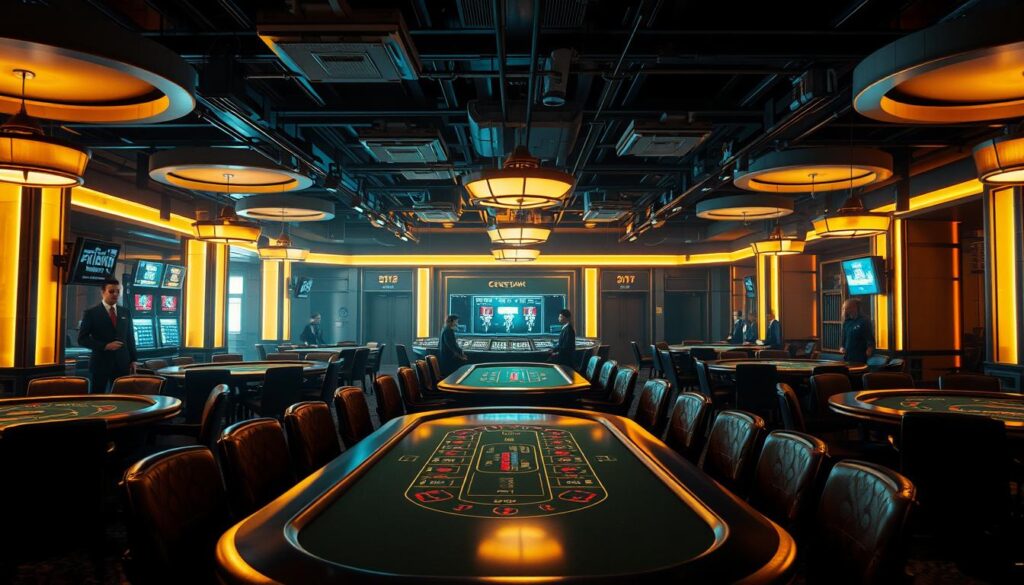 A well-lit casino interior, with a focus on the blackjack tables and gaming area. The table surfaces are polished and the chairs are arranged neatly. Sophisticated lighting fixtures cast a warm, inviting glow, creating an atmosphere of elegance and sophistication. The background features discreet security cameras and uniformed staff monitoring the proceedings, ensuring the safety and fairness of the games. The overall scene conveys a sense of controlled, secure, and regulated gambling environment.