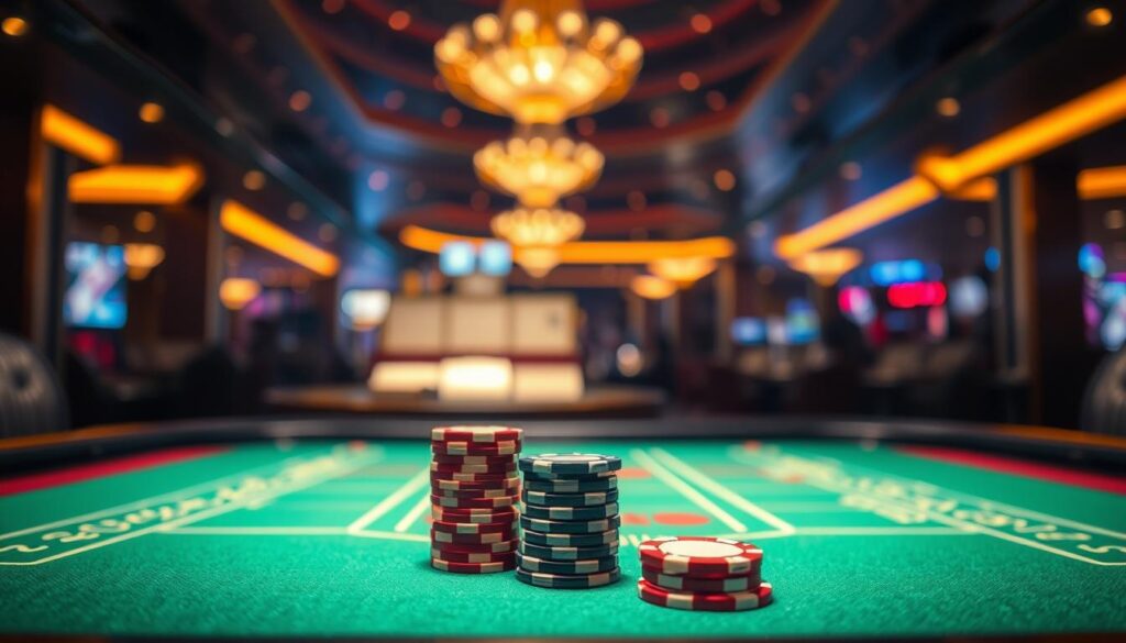 A well-lit casino table, the green felt surface gleaming under warm, focused lighting. In the foreground, poker chips in various denominations are carefully stacked, representing the player's finite resources. The middle ground features the iconic baccarat layout, with its clear sectors for betting on the player, banker, or tie. In the background, a blurred but opulent casino interior sets the scene, hinting at the thrilling but risky nature of the game. The overall mood is one of contemplation and strategic decision-making, emphasizing the importance of prudent bankroll management in the pursuit of sustained success at the baccarat table.